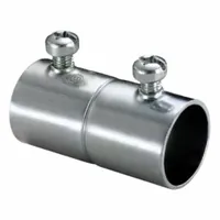 Steel set screw coupling for 1 in trade size EMT conduit. Zinc-plated finish with tri-drive screws. UL-514B listed. Used to join and secure conduit in electrical raceway systems