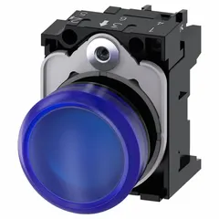 This Siemens pilot light from the 3SU1 series features a blue LED indicator for visual status signaling on industrial control panels. It is designed for 22 mm panel mounting and operates at a maximum supply voltage of 24 V AC/DC. The unit does not include a push-to-test function. Typical applications include indicating machine states such as power-on, process active, or alarm conditions in automation and process control environments.