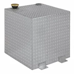 Square transfer tank with 50-gallon capacity, constructed from 0.125 gauge aluminum with a clearcoat finish. Designed for use with diesel fuel. Suitable for storing and transporting fuel in service vehicles or at job sites.