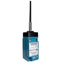Metallic rod wobble-stick limit switch with a 5.5-inch actuator length, zinc body, and two mounting holes. Features screw terminals for electrical connection. Used in industrial automation for object detection on conveyors or machine guards where flexible actuation accommodates misalignment.