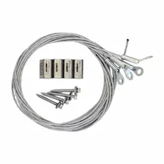 Struts and mounting kit with 10 ft WC3 cable, 45° eyelet fitting, and KV Bracket Lock. Includes 2 in wood screw. Fitting size 1/4 in. Used for suspending and securing HVAC, electrical, and mechanical systems.