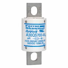 Very-fast-acting bolt-on square fuse rated 700 A at 300 V AC and 300 V DC. Features an indicator for blown fuse detection. Used for overcurrent protection in power electronics, drives, and DC bus circuits requiring rapid fault clearing.