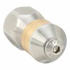 This jetted sewer nozzle features a rotary spray pattern for 360-degree cleaning. Rated for 3,625 psi and 5.03 gpm, with a pressure range of 2500-4999 psi/5000 to 6000 psi. Female inlet. Used for high-pressure water jetting to clear blockages and debris from sewer and drainage pipes.