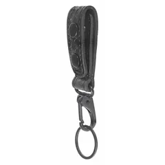Leather key holder with basket weave texture and snap closure. Measures 6 1/4 inches by 29 mm. Suitable for organizing and securing keys in personal or professional settings.
