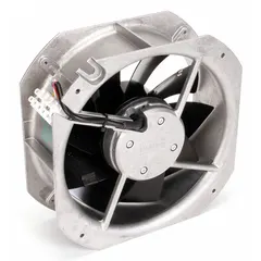Standard square axial fan with steel blades, delivering 642 cfm at 0.000 in static pressure. Measures 8 7/8 inches in height and 3 1/8 inches in depth. Features terminal connections and IP42 rating. Suitable for cooling and ventilation in enclosures and HVAC systems.