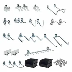 This steel, zinc-plated hook and bin assortment kit is designed for round-hole pegboards with 1 in hole spacing. Includes single and double rod bends, spring clips, and bins in silver and yellow. Features a screw-in locking system for secure surface mounting. Suitable for organizing tools and small parts in workshops and storage areas.