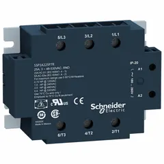 Panel-mounted solid state relay with SCR AC output, Form A switch configuration, and DC input (24-35 mA). Output voltage range 48-530V AC, max output current 50 A. Screw clamp connection, finger safe. Operation without heat sink not recommended. Suitable for switching AC loads in industrial control panels.