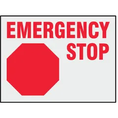 These emergency stop signs are adhesive-mounted labels intended for marking emergency stop locations on equipment or panels. The 8-pack includes signs that are not retroreflective and do not glow in the dark, suitable for direct application in industrial environments.