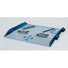 Steel dock board with diamond treadplate surface for slip resistance. Overall length 48 in, width 60 in. Used to bridge gaps between loading docks and trucks or containers for moving heavy loads.