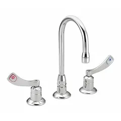 This widespread handle bathroom faucet is constructed of brass with a chrome finish. It features a gooseneck spout and a flow rate of 1.5 gpm. Mounting hardware is included. Suitable for bathroom sink installations where a high-arc spout is desired.