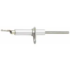 This flame sensor is an OEM direct replacement for Reznor heating equipment. It detects the presence of a flame to ensure safe burner operation, signaling the gas valve to remain open only when a flame is present. Used in industrial heating systems for reliable flame detection.