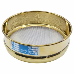 Test sieve with #18 US Standard stainless steel screen and brass frame, 8 in outside diameter. Meets AASHTO M92 standards for particle size analysis and classification of dry granular materials in laboratory and industrial settings.