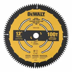 12-inch finishing circular saw blade with 100 teeth, 0.11-inch cut width, and 1-inch arbor. Designed for precise cuts in hardwood, producing smooth, chip-free edges for fine woodworking, cabinetry, and trim work.