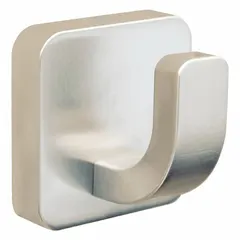 This SPEAKMAN robe hook is made of brass with a brushed finish. It supports up to 38 lb and measures 2 1/4 in x 2 1/4 in x 1 3/4 in. Designed for wall mounting, it is suitable for hanging robes, towels, or garments in bathrooms.