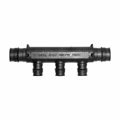 Polymer branch manifold with one inlet and three outlets, sized 1 in by 3/4 in. Rated for a maximum operating pressure of 73 psi. Used in plumbing and heating systems to distribute flow from a single supply line to multiple branches.