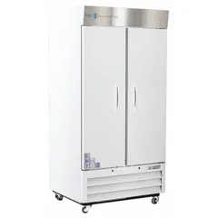 This cabinet maintains a stable 20°C to 25°C environment for storing temperature-sensitive materials such as pharmaceuticals, biological samples, or reagents. It operates at 115 V and includes eight adjustable shelves. The right hinge door provides access, and overall dimensions are 39 5/8 in width by 34 3/4 in depth.