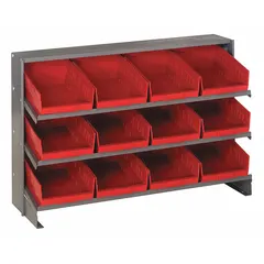 This metal stationary pick rack features a steel frame in gray with 12 red open-front bins arranged on 3 shelves. Each bin measures 4 in x 8-3/8 in x 11-5/8 in, suitable for organizing small parts or components in workstations, warehouses, and assembly areas.
