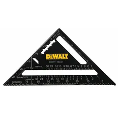 This 7-inch rafter square is constructed from aluminum and features scribe line notches for marking rip cuts. The tool includes a 1/8-inch scale graduated in inches. It is used for layout and marking tasks in construction and carpentry, such as framing and roofing.