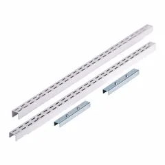 Steel vertical hang rail with epoxy-coated white finish. Measures 1 3/16 in x 1 in x 63 in. Includes mounting hardware. Used for organizing shelving and hanging accessories in storage areas.