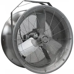 This PATTERSON fan features a 30-inch blade diameter driven by a 1 hp motor, operating on 115/208-230V AC with a single speed. It is designed for fixed-direction airflow in industrial settings such as warehouses, factories, and workshops, mounted via a yoke to walls or ceilings.