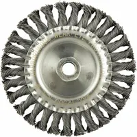 Twisted steel wire wheel brush with 6" diameter, 1/2" width, 5/8"-11 threaded arbor, and 0.02" fill. Designed for heavy cleaning of contoured carbon steel surfaces, removing rust, scale, and weld splatter from irregular shapes. Suitable for metal fabrication, automotive repair, and industrial maintenance applications