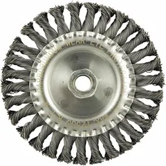 Twisted steel wire wheel brush with 6" diameter, 1/2" width, 5/8"-11 threaded arbor, and 0.02" fill. Designed for heavy cleaning of contoured carbon steel surfaces, removing rust, scale, and weld splatter from irregular shapes. Suitable for metal fabrication, automotive repair, and industrial maintenance applications.