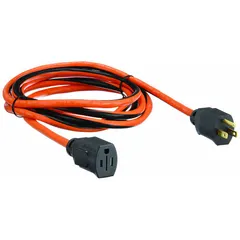This 10-foot outdoor extension cord features a NEMA 5-15P plug and a single outlet, with a 14/3 SJTW jacket rated for temperatures from -40° to 167°F. Suitable for powering tools, lights, or equipment in outdoor settings such as construction sites or landscaping.