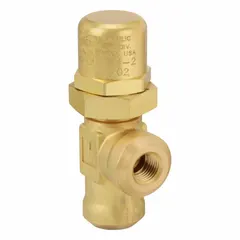 This Parker soft-seat pressure control valve regulates downstream pressure in hydraulic and pneumatic systems. It has a maximum flow of 4 gpm and a maximum pressure setting of 35 psi. The brass body features 1/4 in NPT ports and a soft-seat design for positive shut-off. Typical applications include industrial fluid power circuits, lubrication systems, and process control.