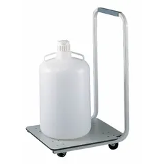 Steel lab cart with a single compartment for transporting carboys. Overall dimensions: 38 1/2 in height, 20 in width. Suitable for moving large liquid containers in laboratory settings.