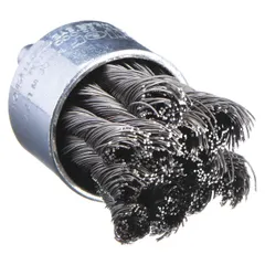 This heavy-cleaning brush features a twisted stainless steel fill with a 0.014 in fill diameter, designed for aggressive cleaning on stainless steel surfaces. It removes weld scale, rust, and oxidation without contaminating the workpiece. The brush has a 1 1/8 in diameter and a 1/4 in shank, suitable for use in metal fabrication and maintenance applications.