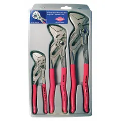 Set of three tongue and groove pliers with push-button adjustment for quick size changes. Maximum jaw openings of 2 in, 1 1/2 in, and 2 3/8 in with 13, 19, and 24 jaw positions respectively. Suitable for gripping, turning, and holding nuts, bolts, and pipes in maintenance and assembly tasks.