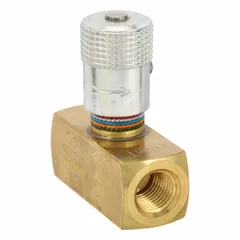 Manual needle flow control valve with rotary knob for precise fluid regulation. Brass construction with 1/4 in NPT connections. Rated for 5 gpm maximum flow and 2000 psi maximum pressure. Suitable for hydraulic and pneumatic systems requiring fine metering.