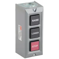 This push-button control station features three momentary push buttons configured for Raise/Lower/Stop operation. It is housed in a red enclosure rated for indoor use only. The contact configuration is 2 normally open and 3 normally closed (2NO/3NC). Typical applications include controlling hoists, conveyors, and overhead doors.