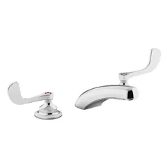 This widespread handle bathroom faucet is constructed from brass with a chrome finish. It features a straight spout design and a flow rate of 1 gpm. Suitable for residential and commercial bathroom sinks, it provides a clean, functional solution for hand washing.