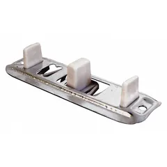 This hanging door guide from PRIME-LINE measures 4-5/8 inches in length and 3-3/4 inches in width, supplied as a single piece. It is used in sliding door systems to maintain proper door alignment and smooth operation.