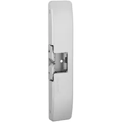 Rim-type electric strike for exit devices, constructed in stainless steel. Measures 1 3/4 in wide by 9 in high. Operates on 12/24V DC input. Rated Performance Duty 1 - Heavy Duty, suitable for access-control applications requiring robust latching and release.