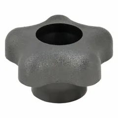 This 5-arm knob features a threaded through-hole for manual adjustment and clamping on machinery, jigs, and fixtures. The plastic body with steel thread insert provides a secure grip. Diameter: 1.75 in. Thread: 5/16"-18.