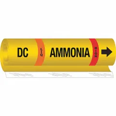 Ammonia wrap-around pipe marker for identifying DC (discharge) lines in industrial refrigeration systems. Designed for LIQ phase ammonia at High pressure, fits pipe O.D. 2-1/2 to 7-7/8 in, and includes directional arrows. Single marker supplied.
