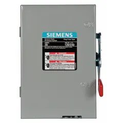The Siemens LF211N is a 30 A, single-phase fusible safety switch rated for 240V AC. It is housed in a galvanized steel enclosure suitable for indoor use. This switch provides a means to disconnect electrical power for maintenance or emergency shutdown in commercial and industrial settings.