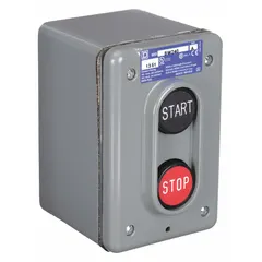 This push-button control station features two red push buttons with Start/Stop legends and a 1NO/1NC contact configuration. It is used for start/stop control of machinery in industrial environments, providing reliable operator control without pilot lights.