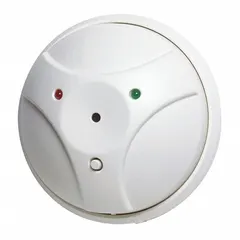 This glass break detector transmitter detects the sound frequency of breaking glass for security systems. It is powered by a CR123A lithium battery and has an overall width of 4 1/2 inches. Suitable for monitoring windows and glass doors in commercial or industrial facilities.