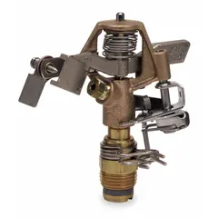 Impact sprinkler head with part-circle pattern for adjustable watering of irregular zones. Throw radius 20 to 41 ft, flow rate 3.4 to 5.0 gpm, pressure range 20 to 50 psi. Suitable for medium to large turf areas in agricultural, commercial, and residential irrigation.