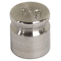 Cylinder-shaped calibration weight with a nominal mass of 5 g. Constructed from stainless steel. Class 5 accuracy for routine performance checks of laboratory balances and industrial scales.