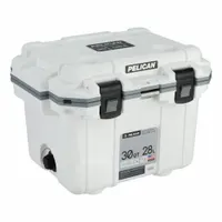 This heavy-duty chest cooler from PELICAN has a 30 qt capacity and holds up to 23 cans. It features 10-day ice retention and includes a drain plug. Suitable for marine, outdoor, and worksite use where robust cold storage is required