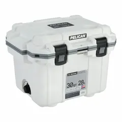 This heavy-duty chest cooler from PELICAN has a 30 qt capacity and holds up to 23 cans. It features 10-day ice retention and includes a drain plug. Suitable for marine, outdoor, and worksite use where robust cold storage is required.