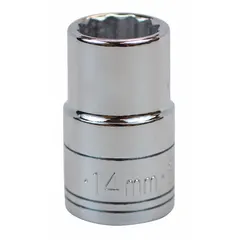 This 1/2" drive hand socket features a 14 mm metric size with a 12-point standard configuration. The chrome finish provides corrosion resistance. It is used for tightening or loosening 14 mm hex fasteners in automotive, machinery, and industrial applications.