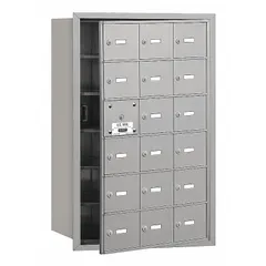Horizontal multi-unit mailbox with 18 lockable front doors, designed for recessed mounting. Measures 35 1/4 in H x 22 3/4 in W x 16 1/2 in D. Suitable for centralized mail distribution in multi-tenant residential or commercial buildings.