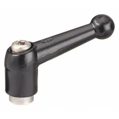 Ball-style adjustable handle with threaded hole, zinc body and stainless steel thread. M5 thread size, 39 mm length. Used for manual clamping, positioning, and adjustment on industrial machinery, jigs, and fixtures.
