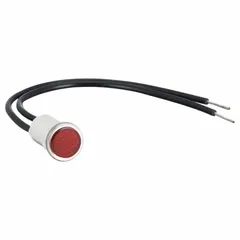 This incandescent indicator pilot light features a flush head design for low-profile mounting in panels with a 12 mm diameter hole. It includes 6-inch wire leads for electrical connection. Typical applications include signaling equipment status on industrial control panels, machinery, and electrical enclosures.