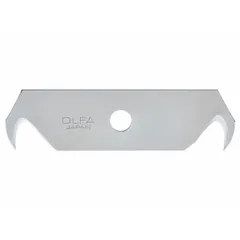 Steel utility blades with a straight edge and hook tip, designed for scoring and slicing materials such as drywall, roofing felt, and packaging. Each blade measures 2 17/32 in length, 21/32 in width, and 0.024 in thickness. Sold in a pack of 5.